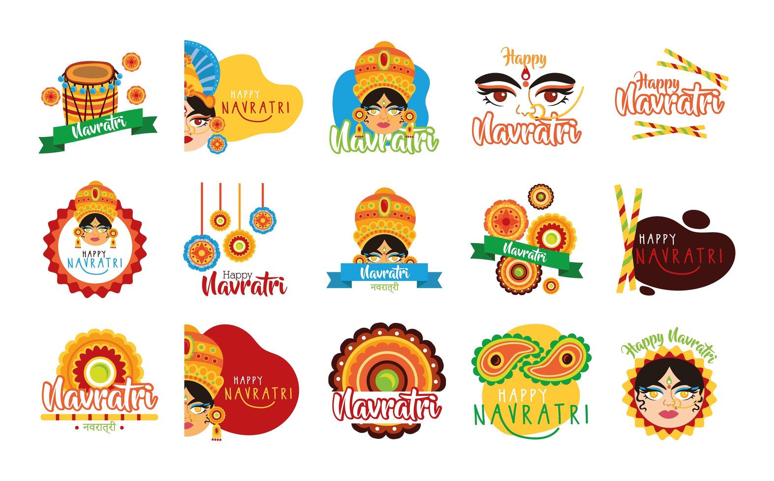 bundle of happy navratri celebration set icons vector