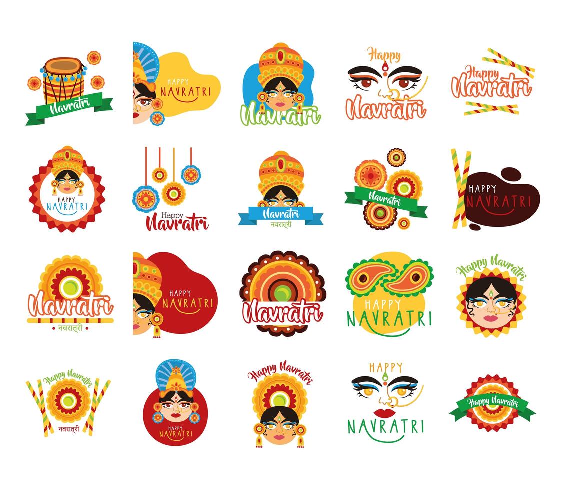 bundle of happy navratri celebration set icons vector