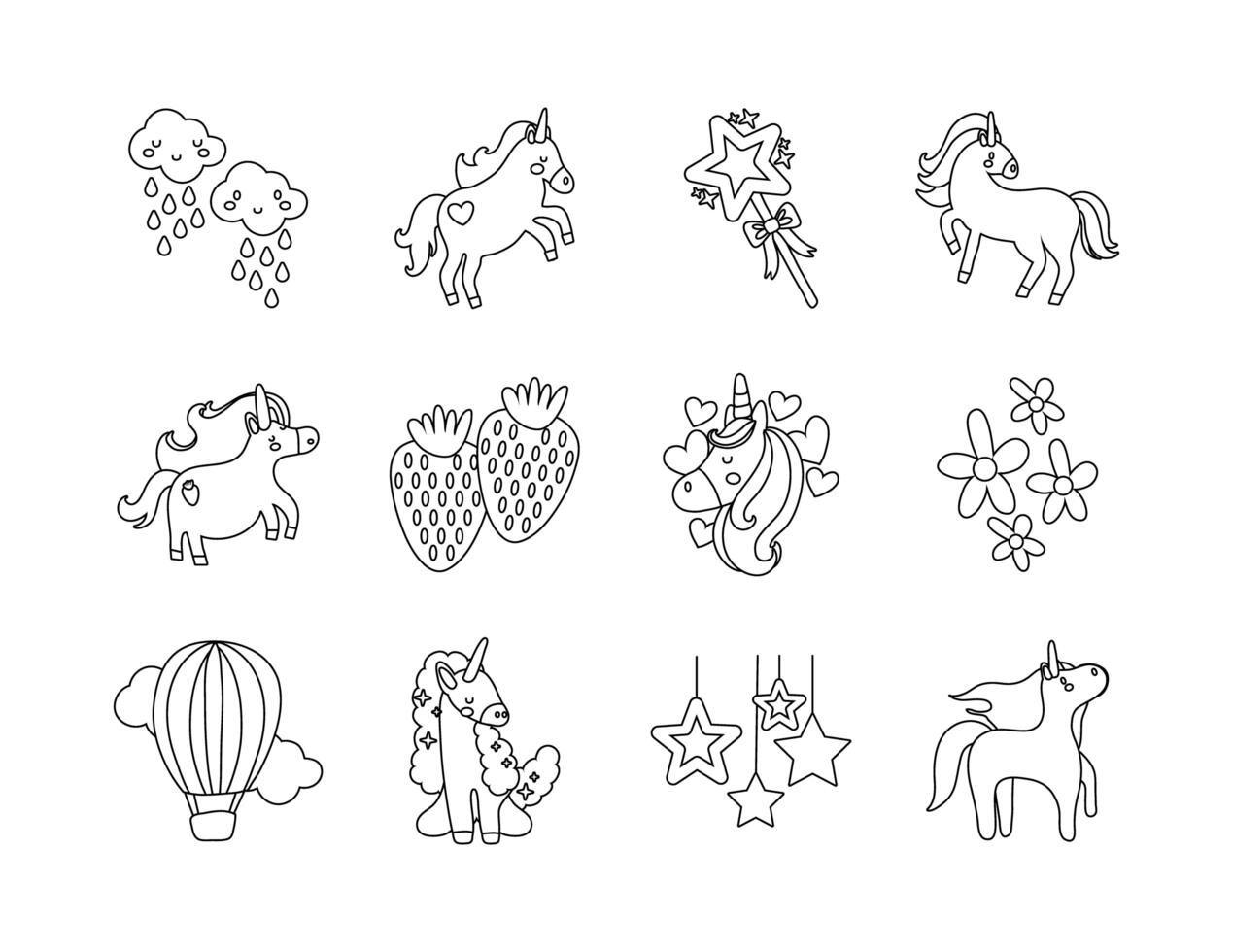 paquete de iconos de conjunto de unicornio de cuento de hadas vector