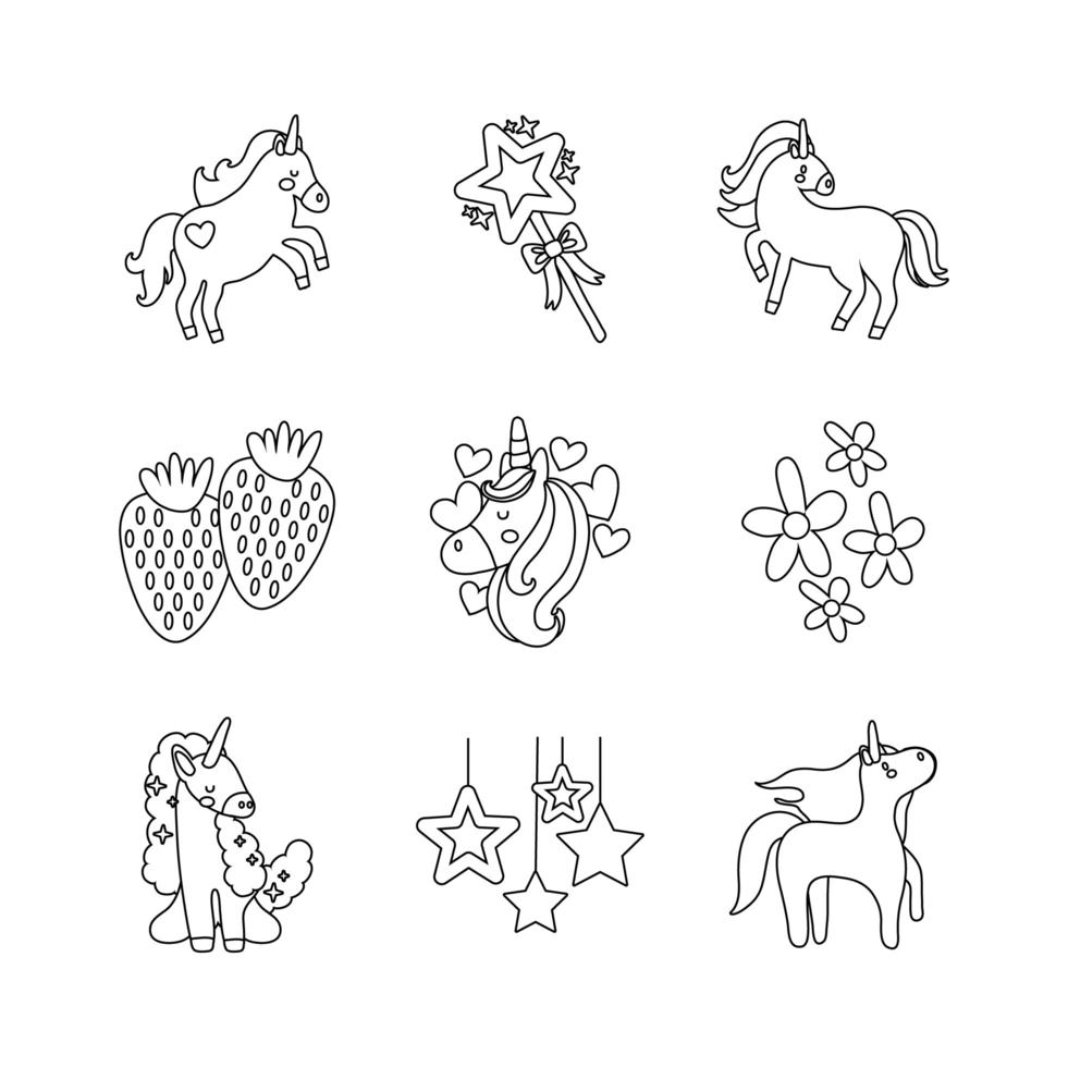 paquete de iconos de conjunto de unicornio de cuento de hadas vector