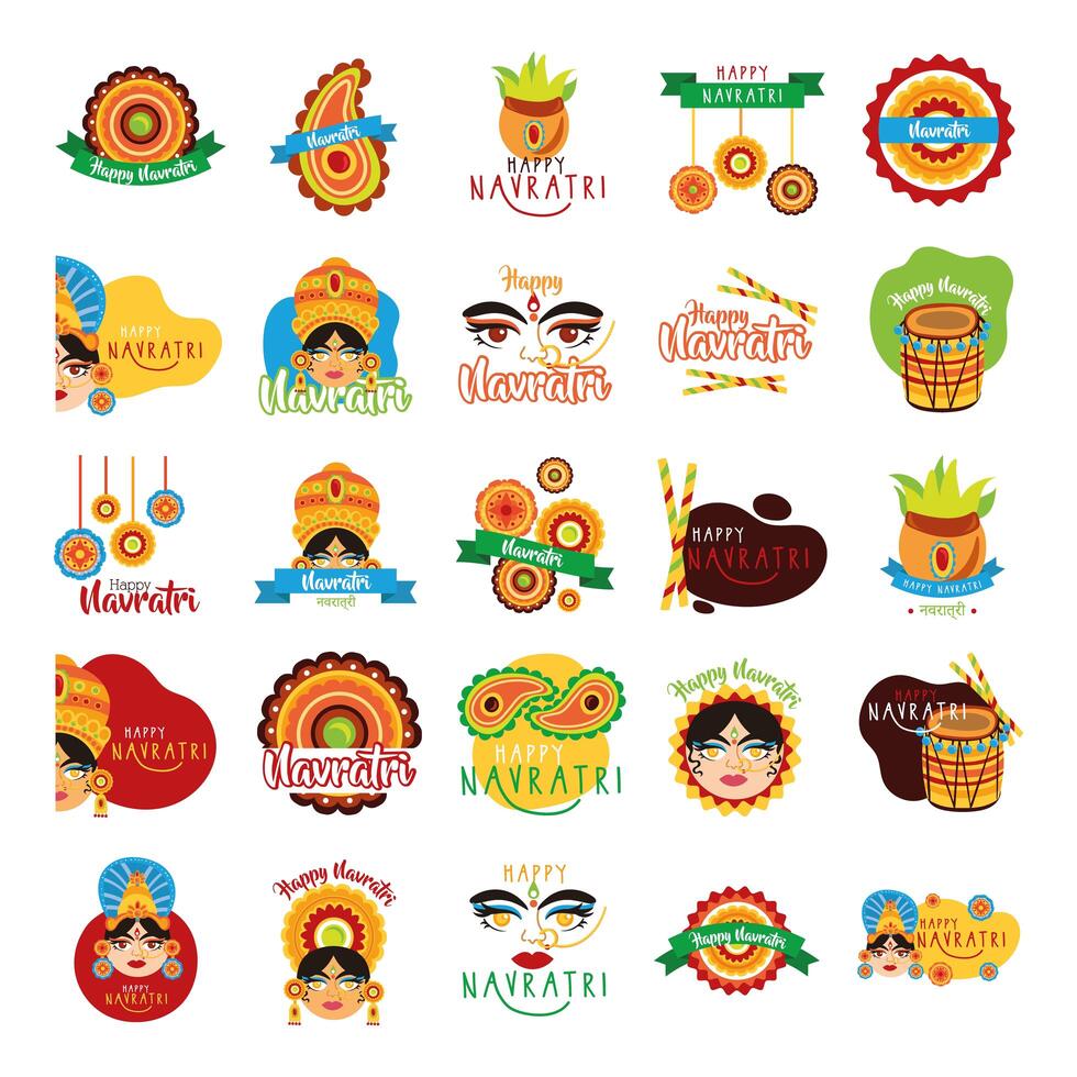 bundle of happy navratri celebration set icons vector