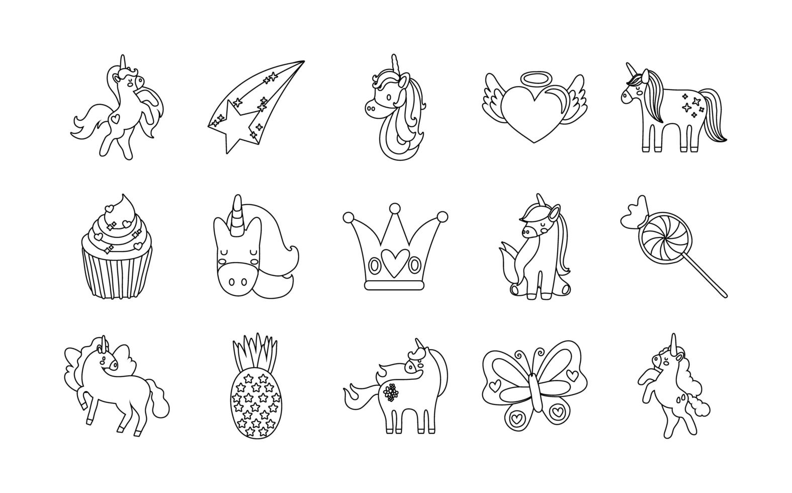 bundle of fairytale unicorn set icons vector