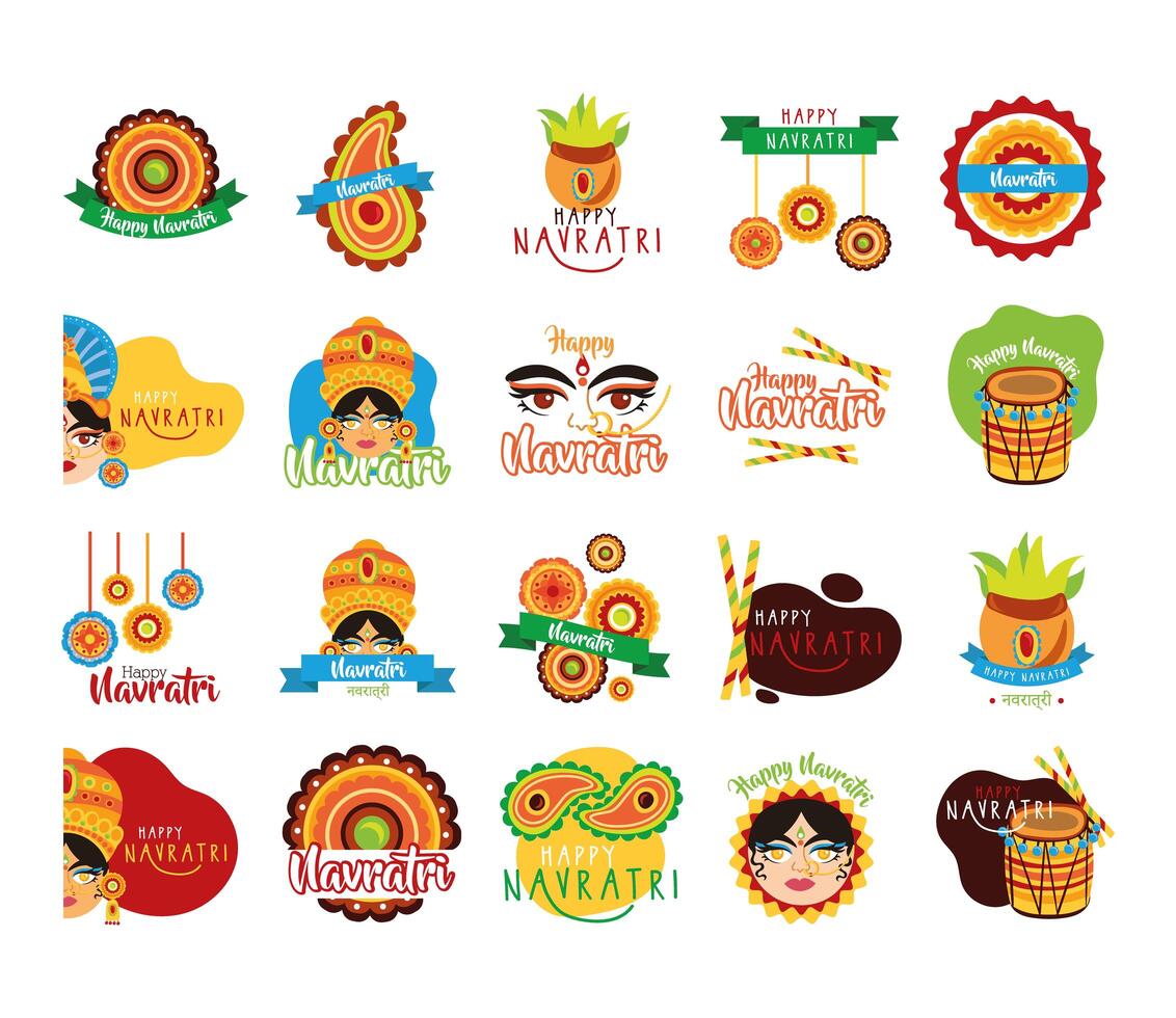 bundle of happy navratri celebration set icons vector