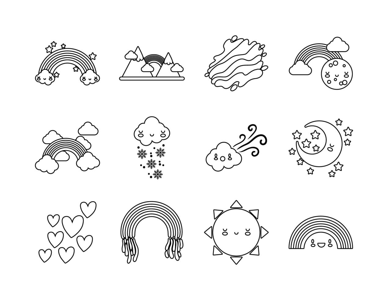 bundle of twelve rainbows and kawaii characters icons vector