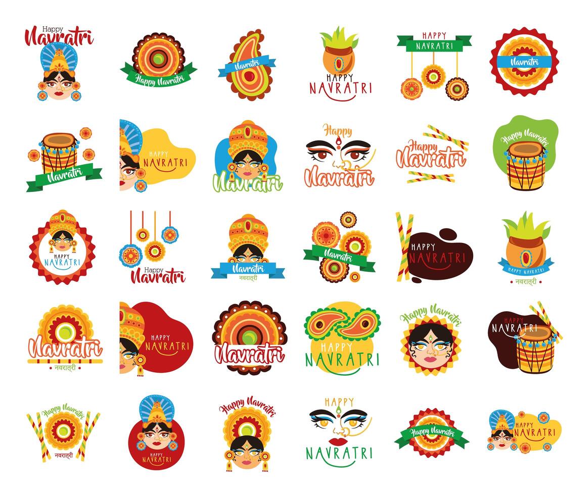 bundle of happy navratri celebration set icons vector