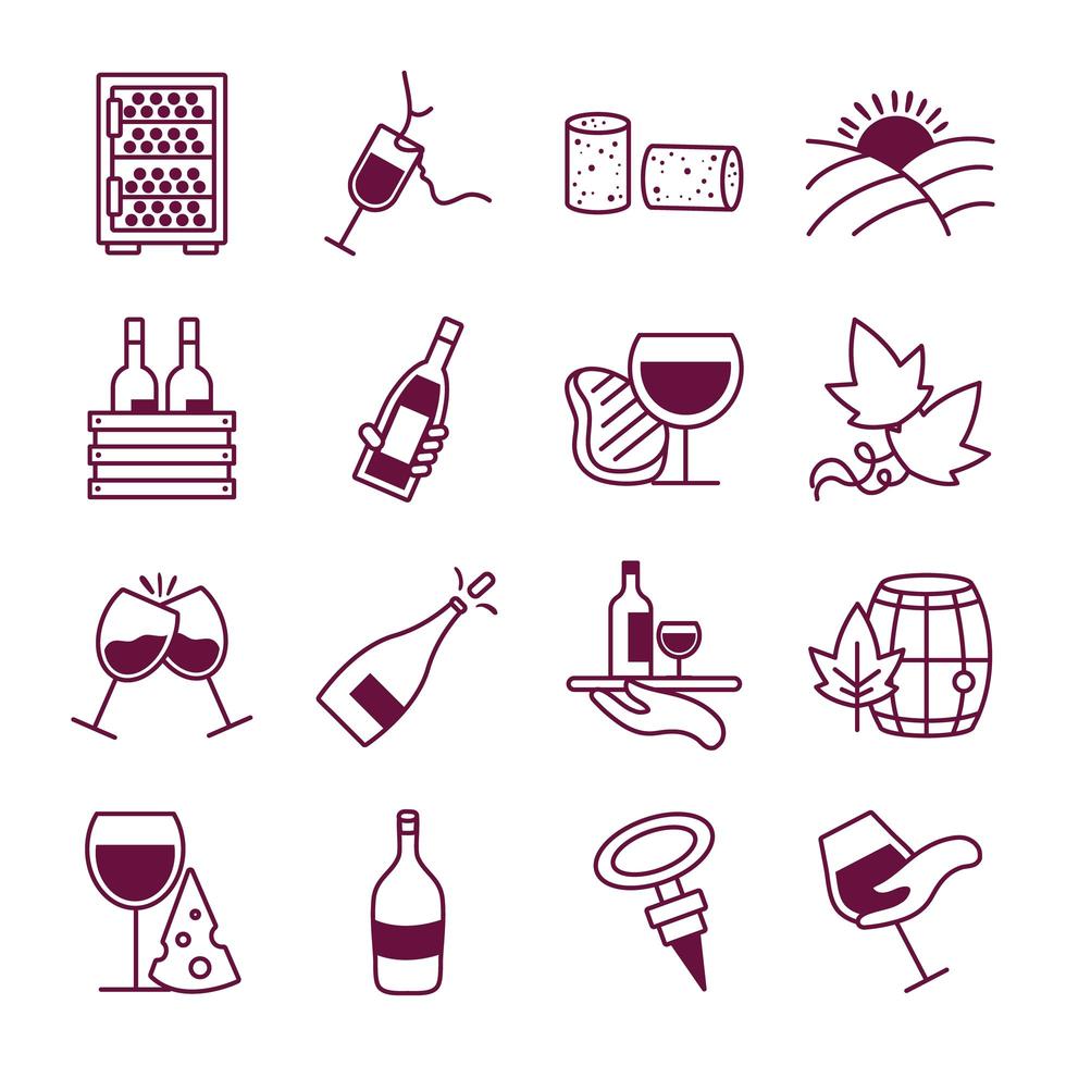 bundle of sixteen wine set icons vector