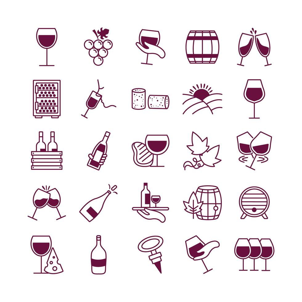 paquete de veinticinco iconos de set de vino vector