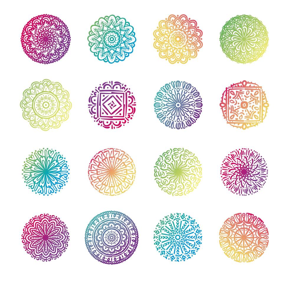 Paquete de dieciséis mandalas coloridos set iconos de colección vector