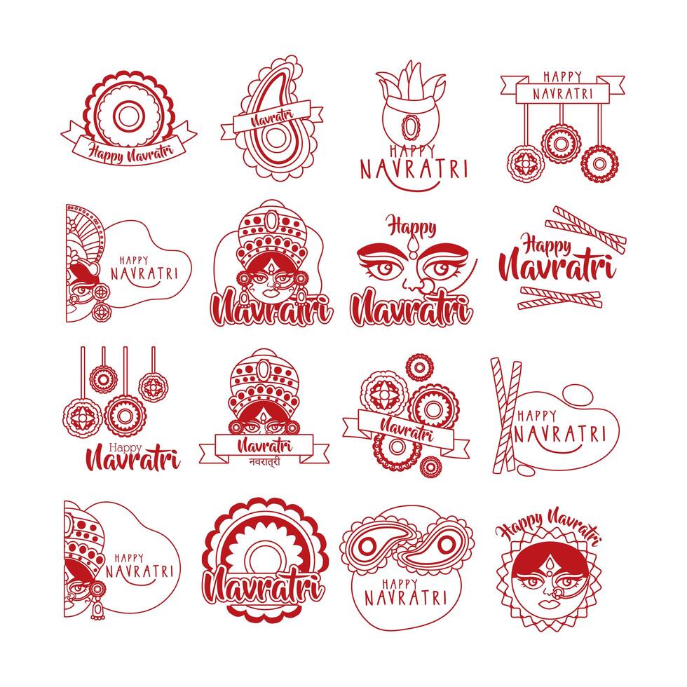 bundle of happy navratri celebration set icons vector
