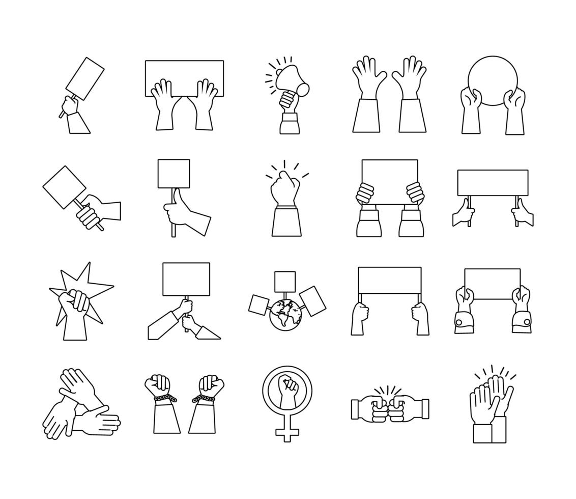 bundle of hands protest set icons vector