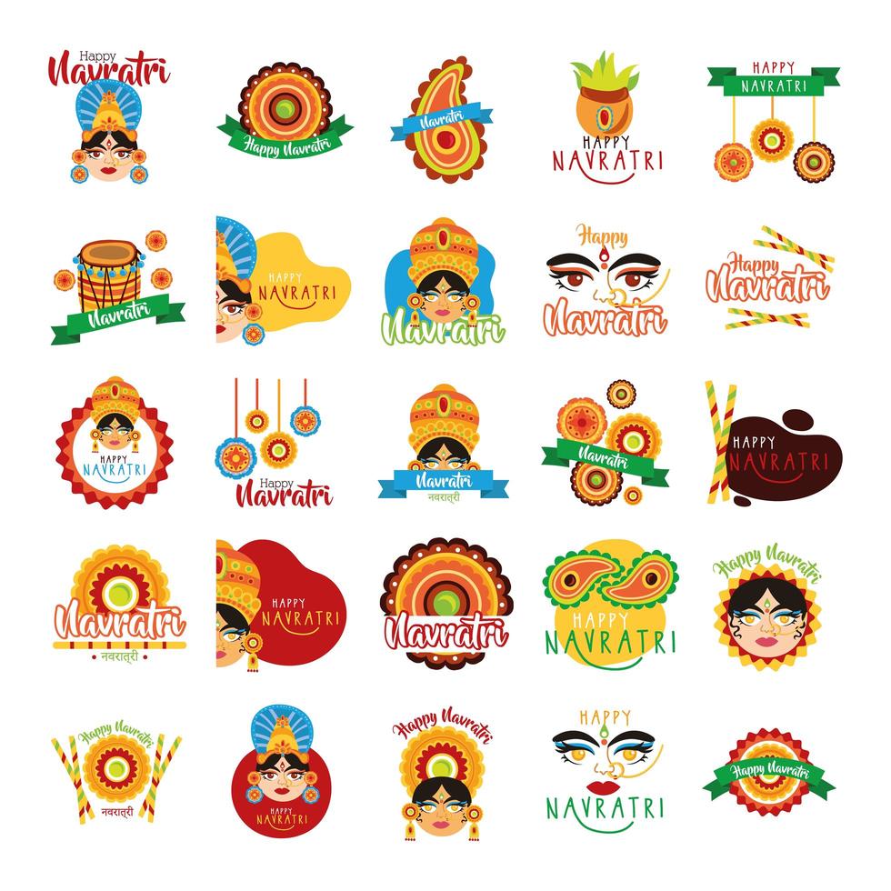bundle of happy navratri celebration set icons vector