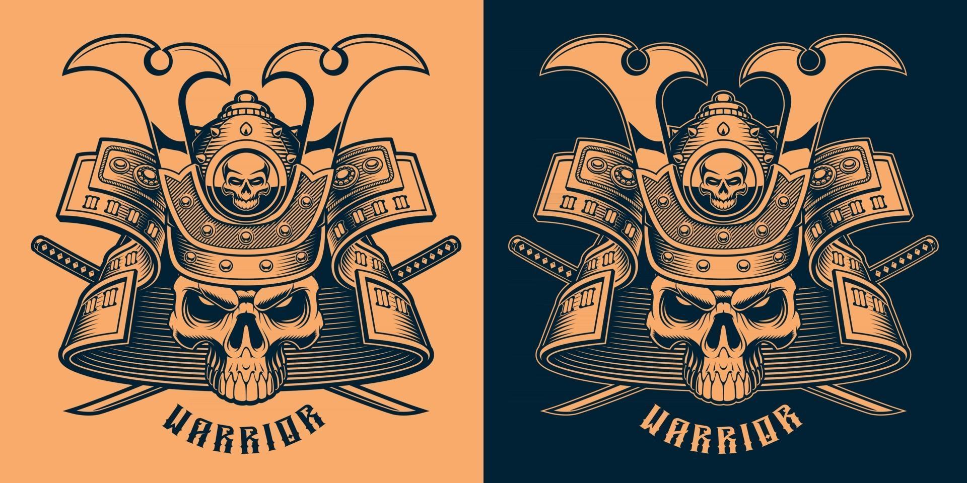 Ilustración de vector negro y naranja de un cráneo samurai