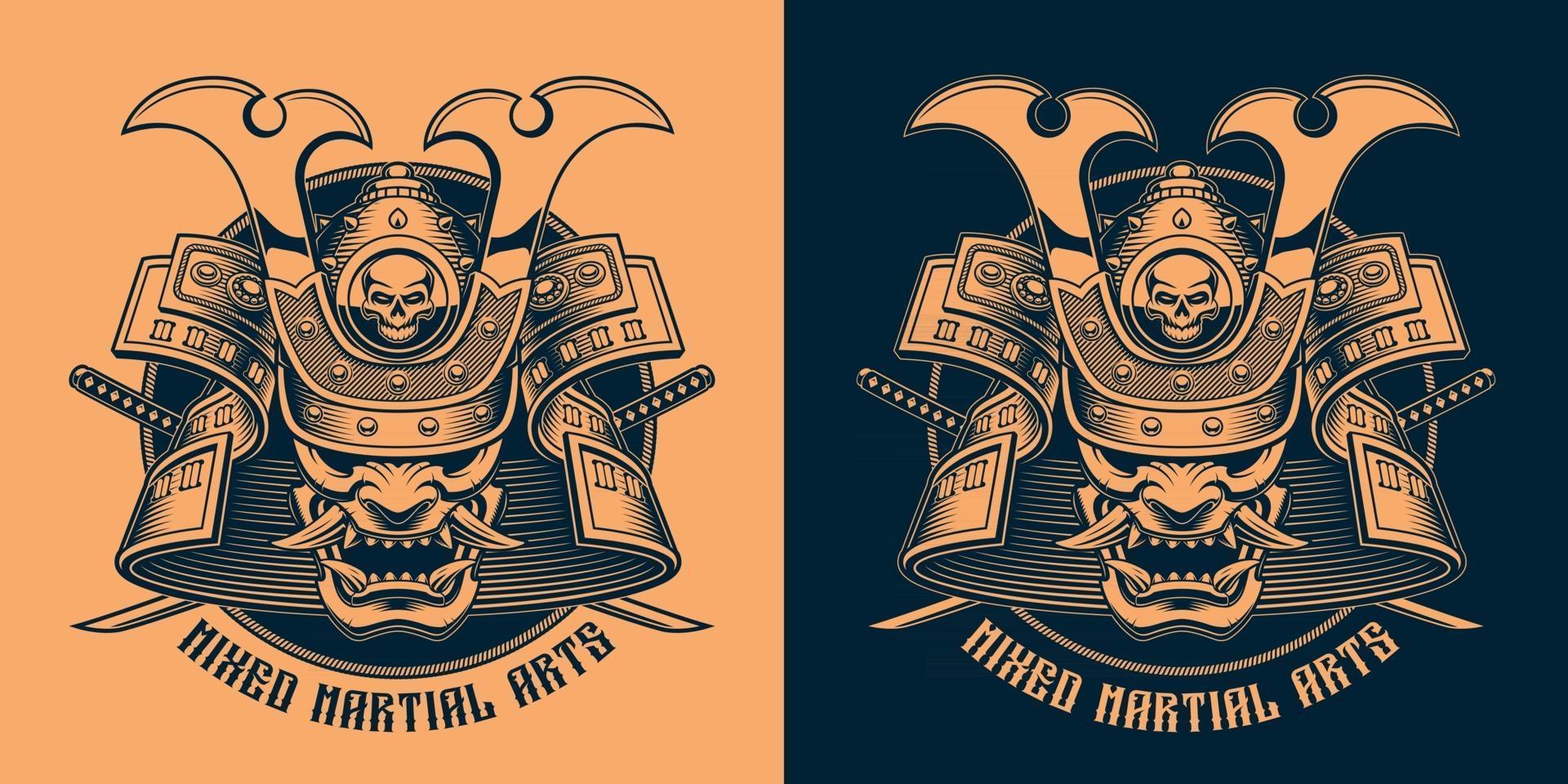 diseño de camisa negra y naranja de una máscara de samurai vector