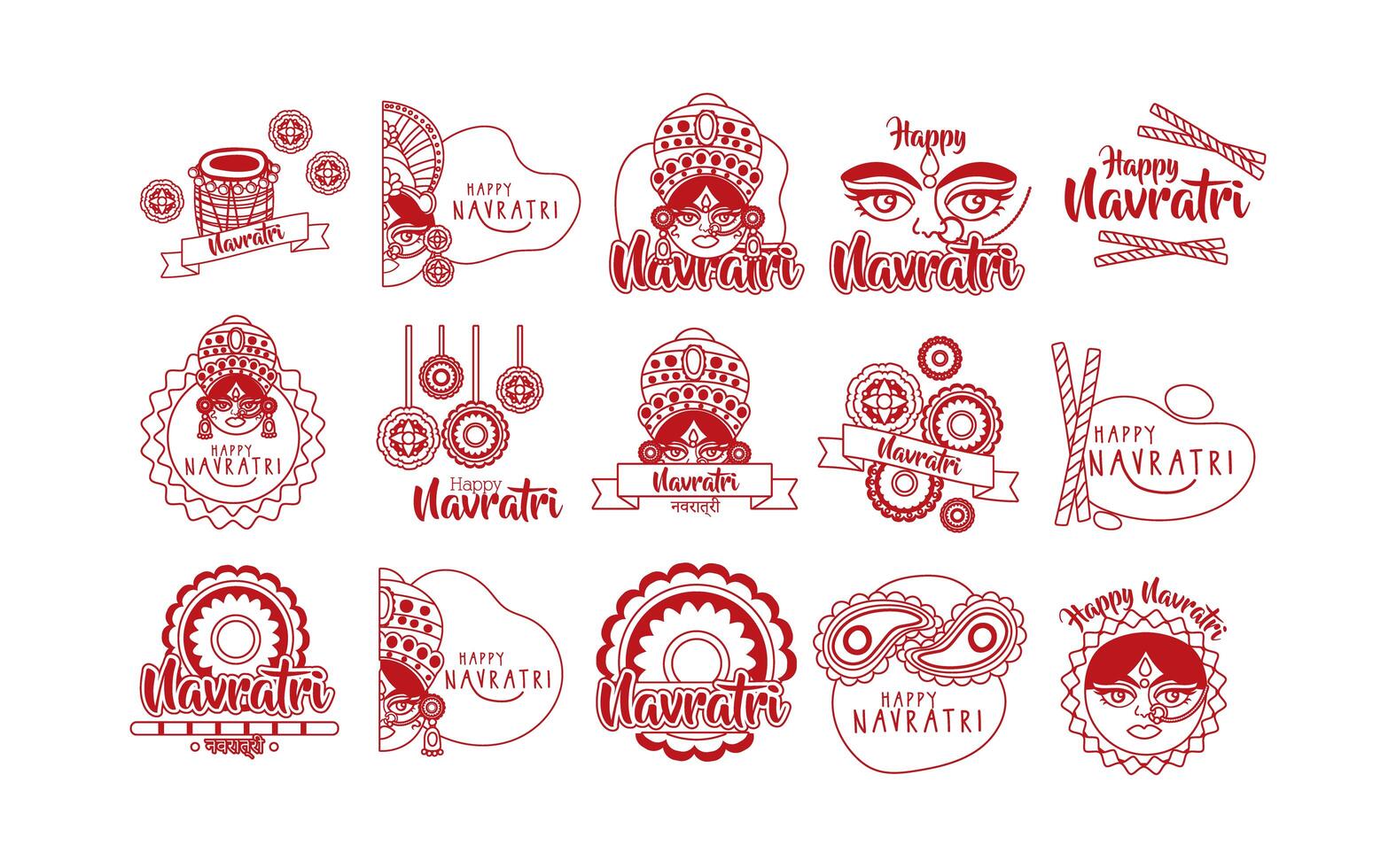 bundle of happy navratri celebration set icons vector