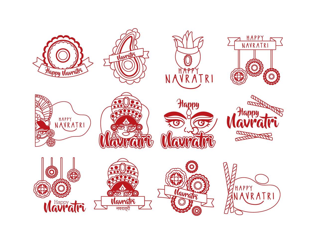 bundle of happy navratri celebration set icons vector