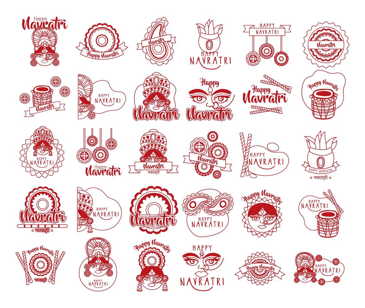 bundle of happy navratri celebration set icons vector