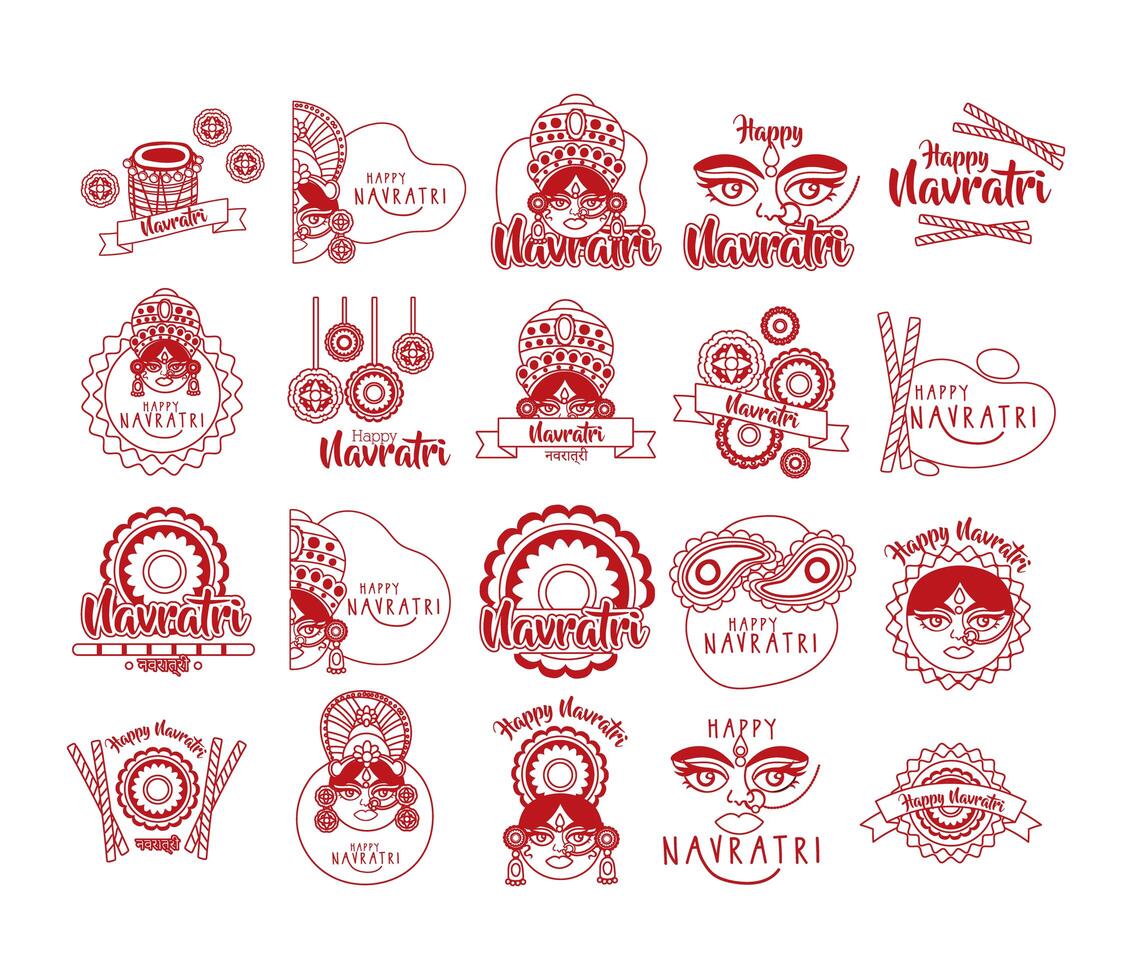 bundle of happy navratri celebration set icons vector