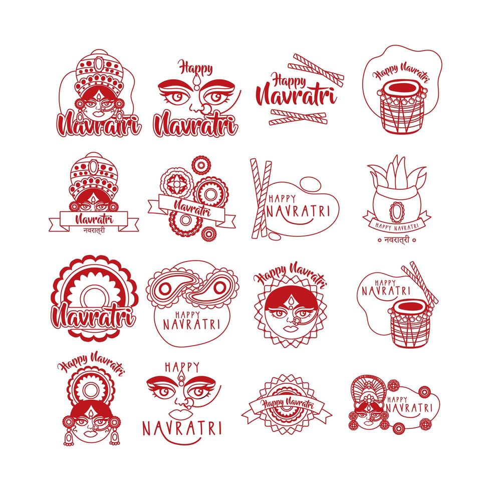 bundle of happy navratri celebration set icons vector