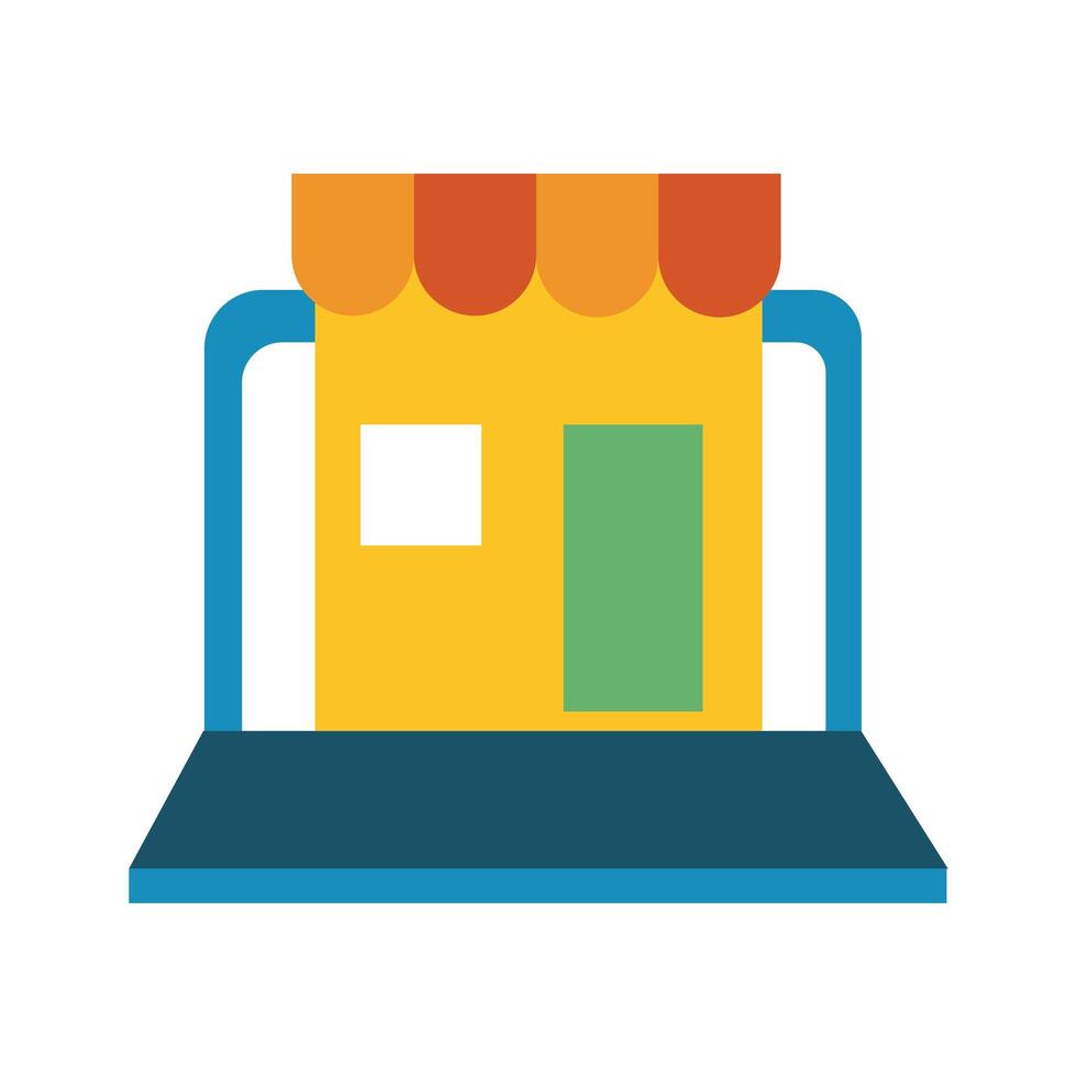 store front in laptop line and fill style icon vector