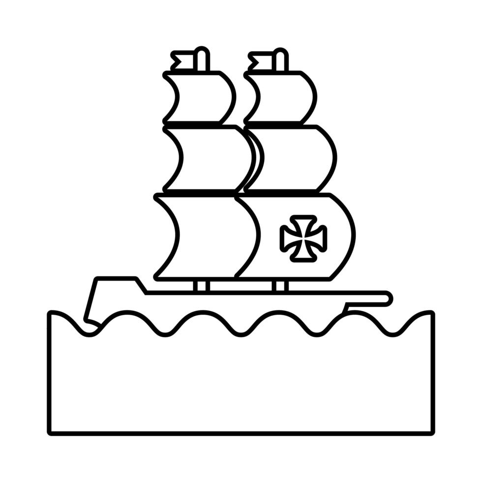 barco carabela en el mar icono de estilo de línea del día de colón vector