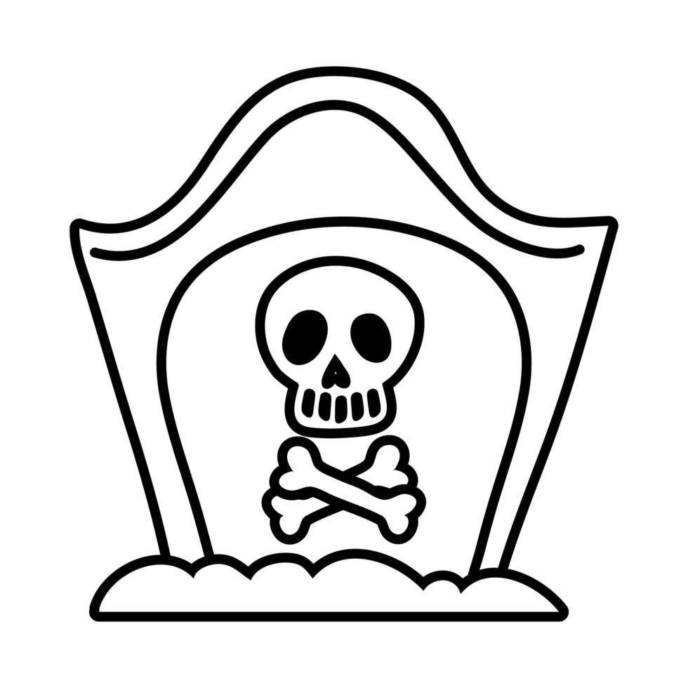 tumba del cementerio con icono de estilo de línea de calavera vector