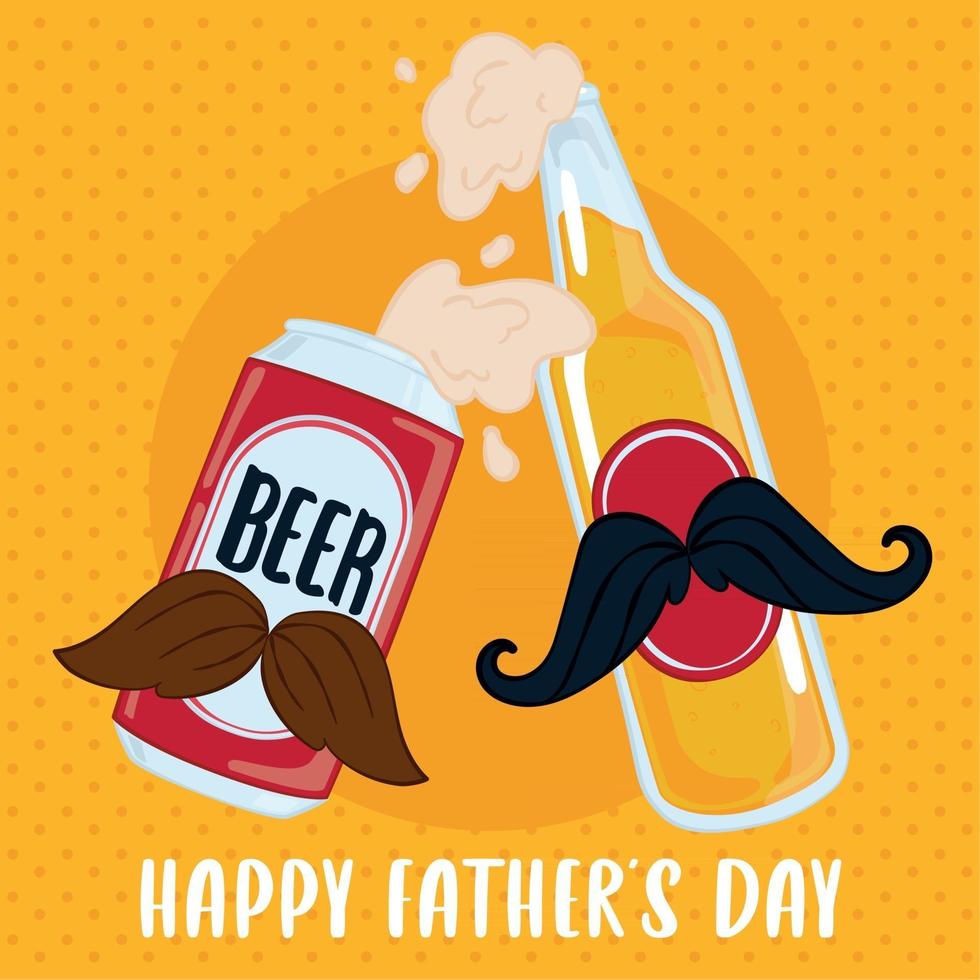 cartel del día del padre con una lata de cerveza y una botella de cerveza con bigotes vector
