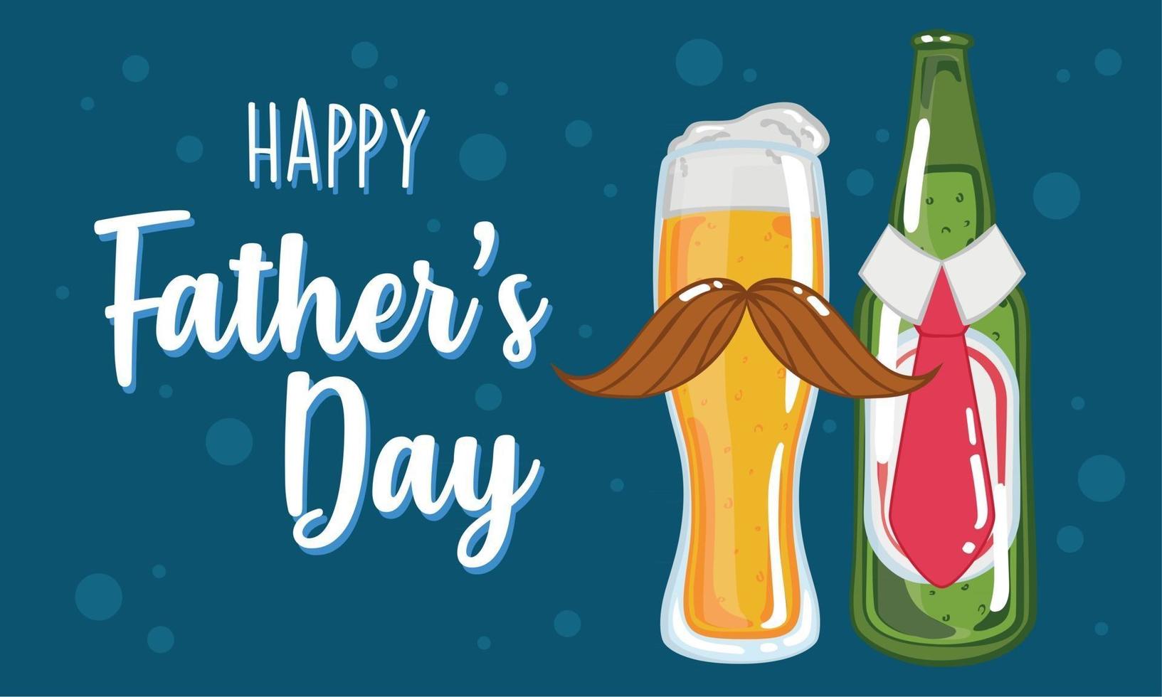 cartel del día del padre con un vaso y una botella de cerveza. vector