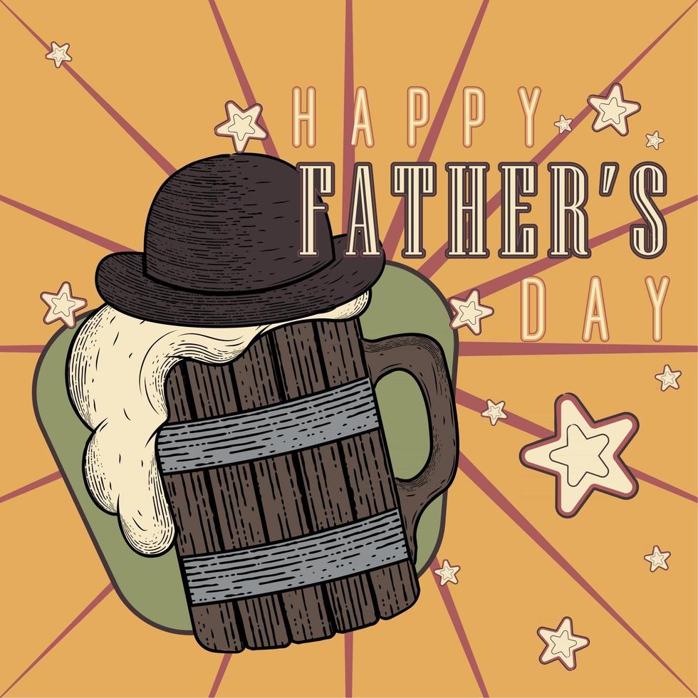 Vintage Father's day poster with a beer wooden mug with a hat vector