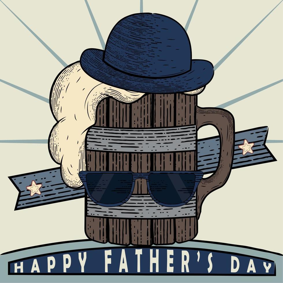 Vintage Father's day poster with a beer wooden mug with a hat and sunglasses vector