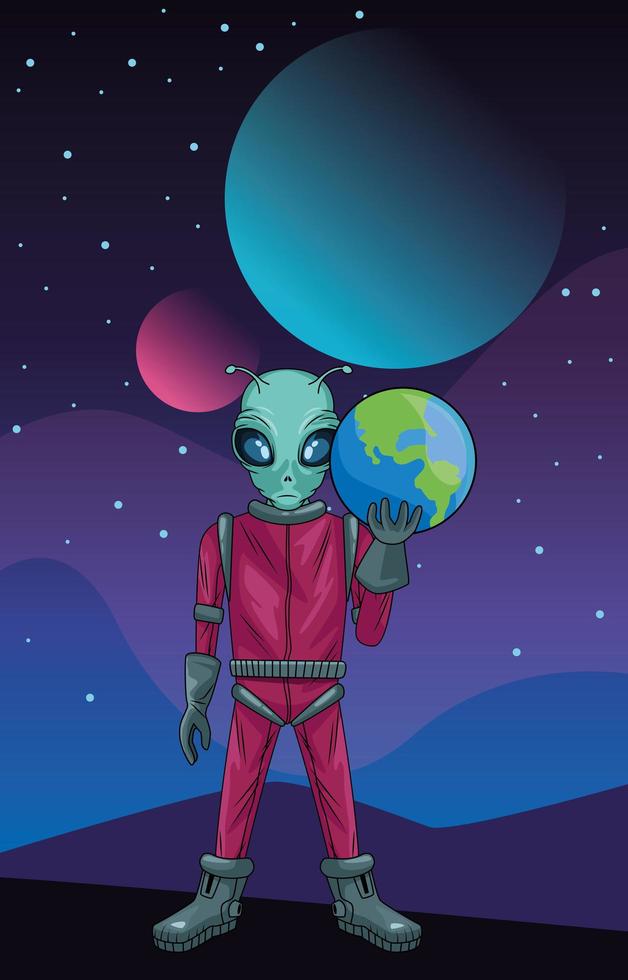 alien lifting earth planet in the space character vector