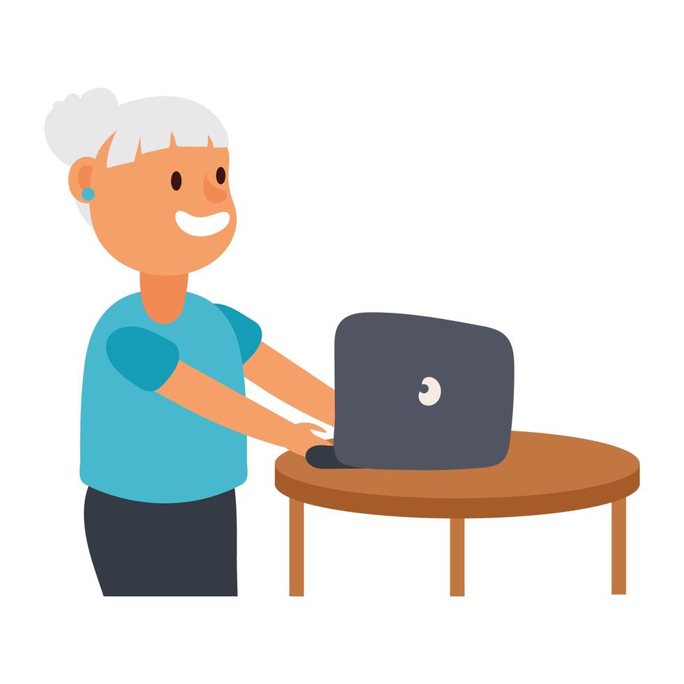 old woman using laptop avatar character vector