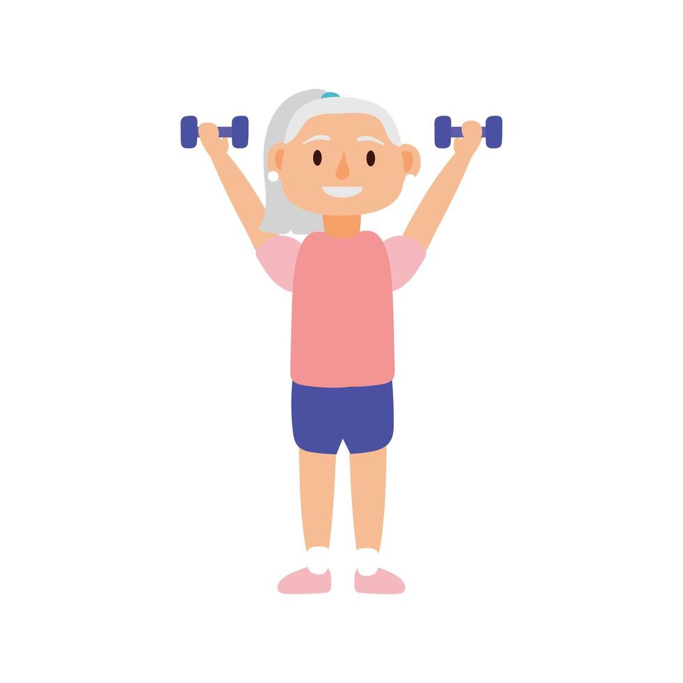 old woman lifting dumbbells avatar character vector
