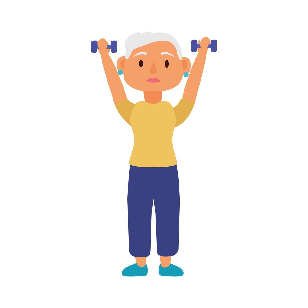 old woman lifting dumbbells avatar character vector