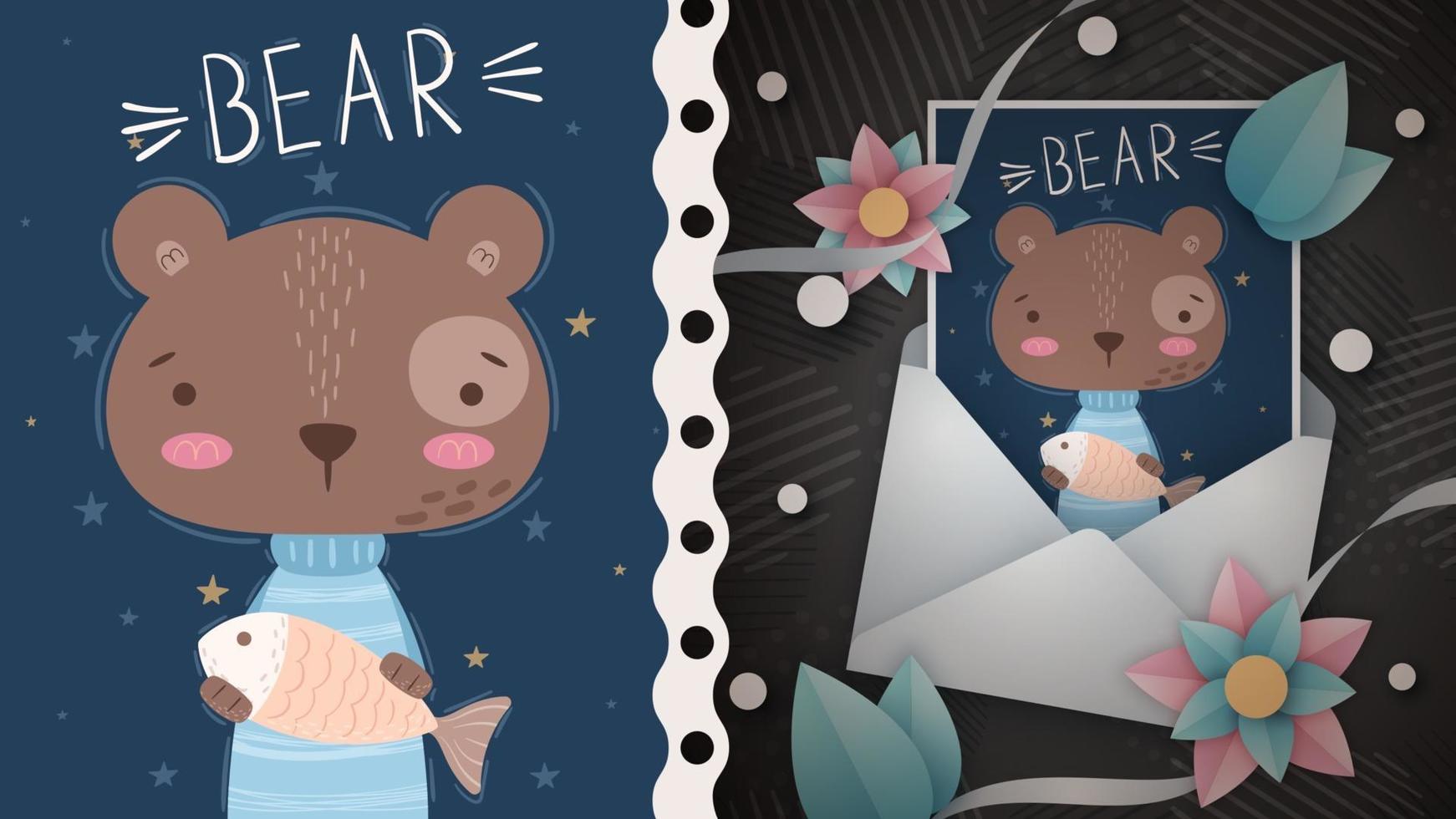 Bear with fish idea for greeting card vector