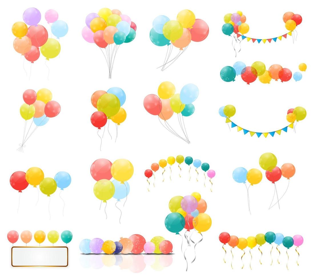 grupo de globos de helio brillante de color aislado. conjunto de globos y banderas para la celebración del aniversario de cumpleaños. decoraciones de fiesta vector