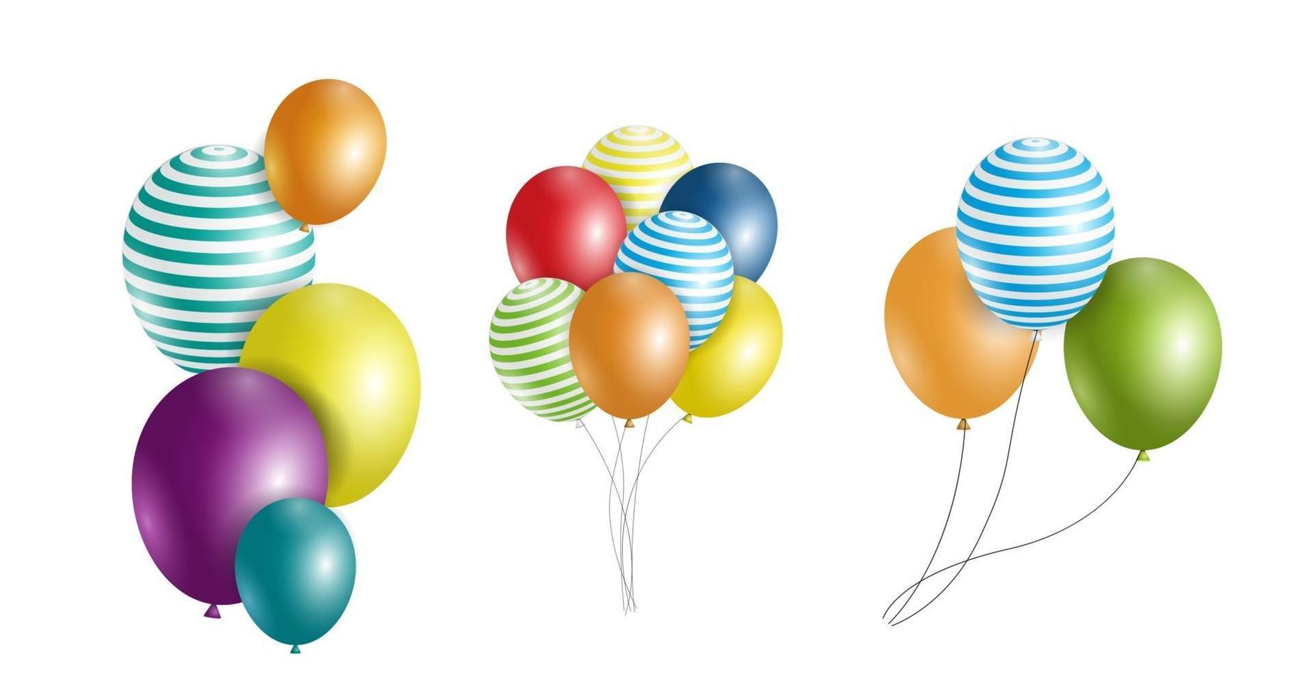 grupo de globos de helio brillante de color aislado. conjunto de globos para la celebración del aniversario de cumpleaños. decoraciones de fiesta vector