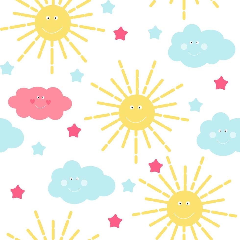 Children's Seamless Pattern Background with Sun, Clouds and Stars vector