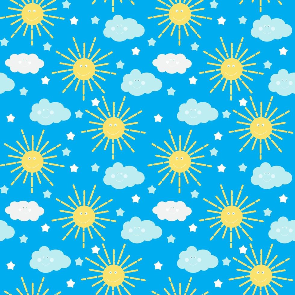 Children's Seamless Pattern Background with Sun, Clouds and Stars vector