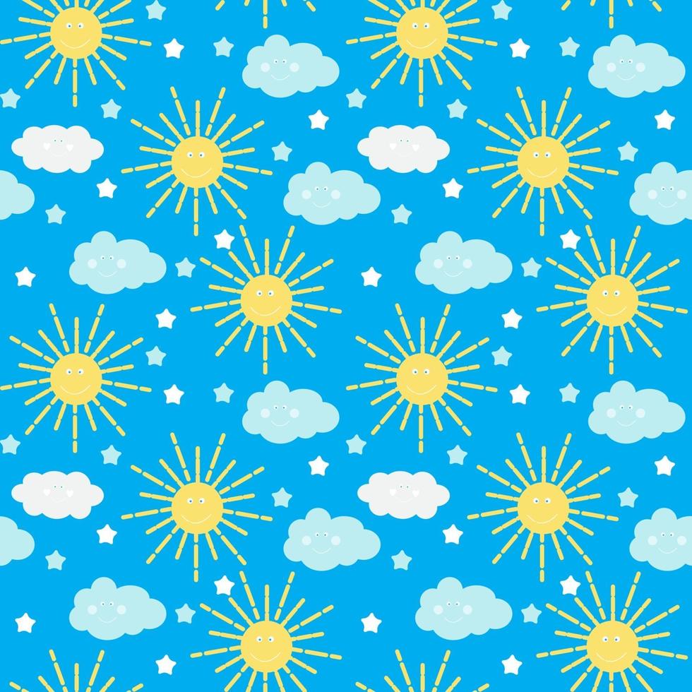 Fondo de patrón sin costuras para niños con sol, nubes y estrellas vector