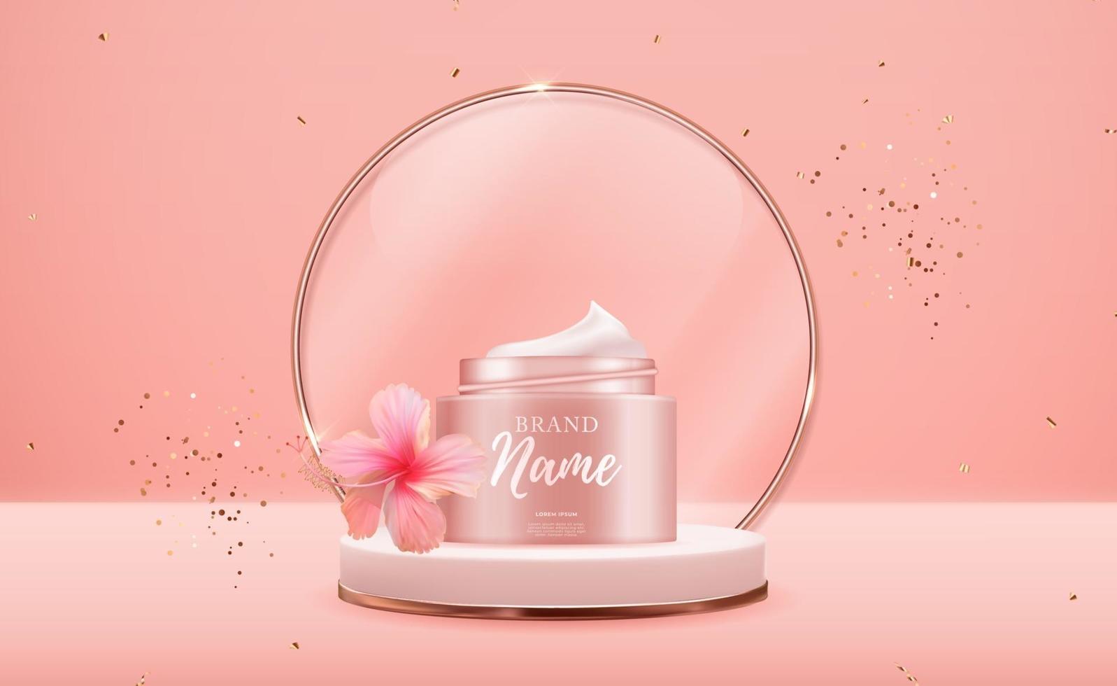 3D Realistic Natural beauty cosmetic product for face or body care on glossy bokeh background. Design Template of Fashion Cosmetics Product for Ads, flyer or Magazine Background. vector