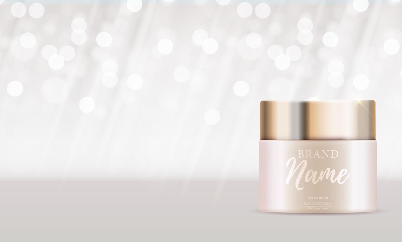 3D Realistic Natural beauty cosmetic product for face or body care on glossy bokeh background. Design Template of Fashion Cosmetics Product for Ads, flyer or Magazine Background. vector