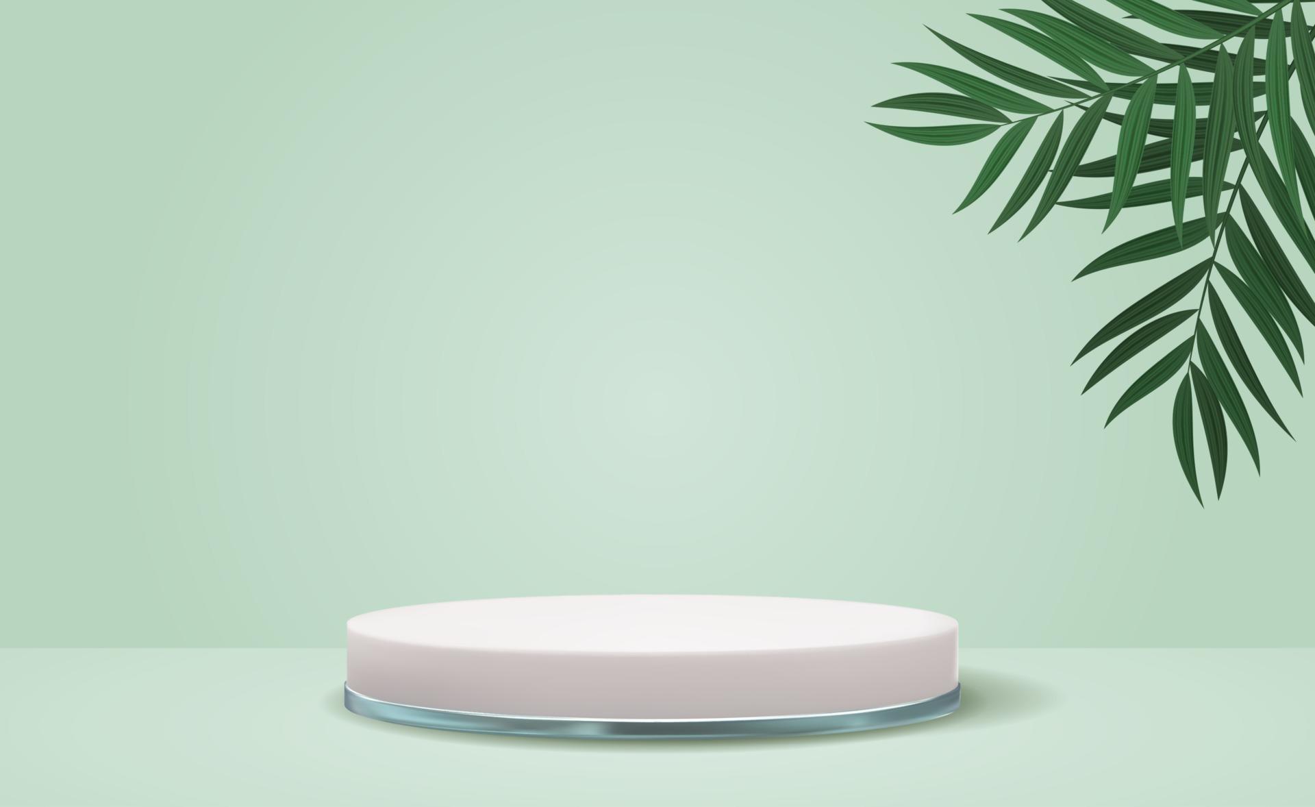 White 3d pedestal background with realistic palm leaves for cosmetic