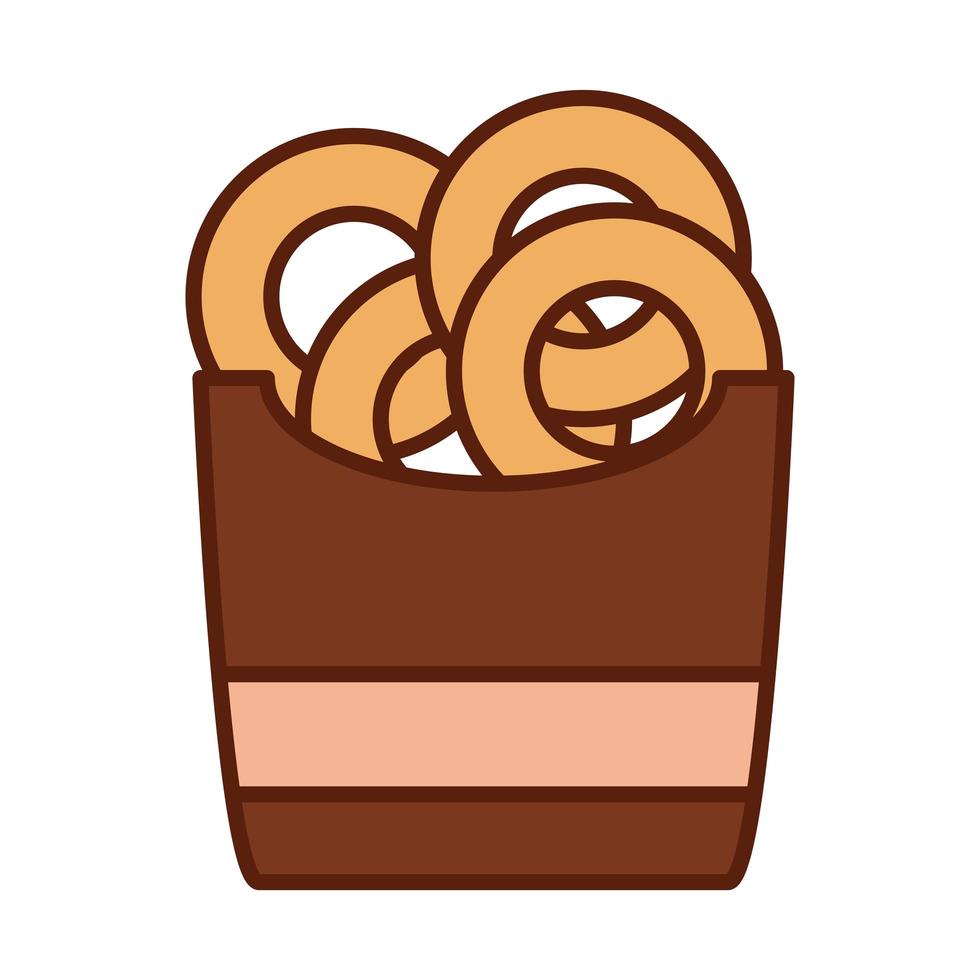 fast food onion rings in box dinner and menu tasty meal and unhealthy line and fill icon vector