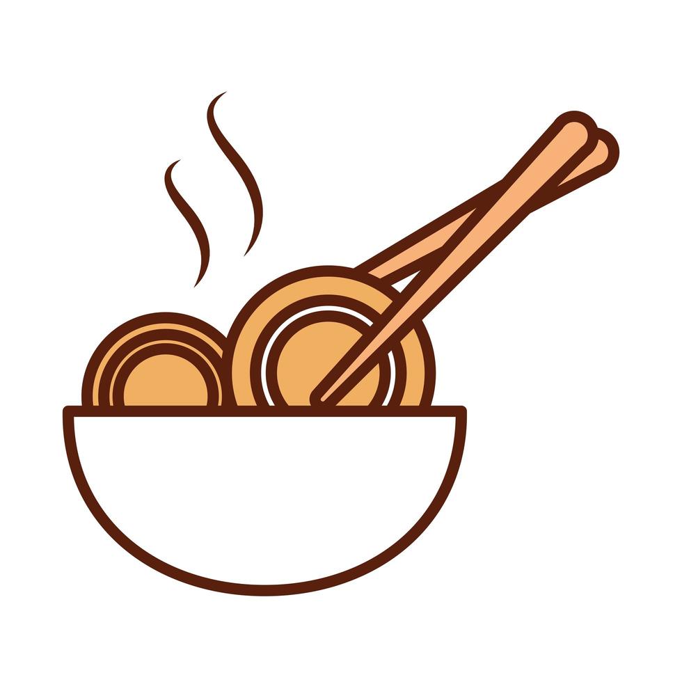 fast food in bowl with sitcks dinner and menu tasty meal and unhealthy line and fill icon vector