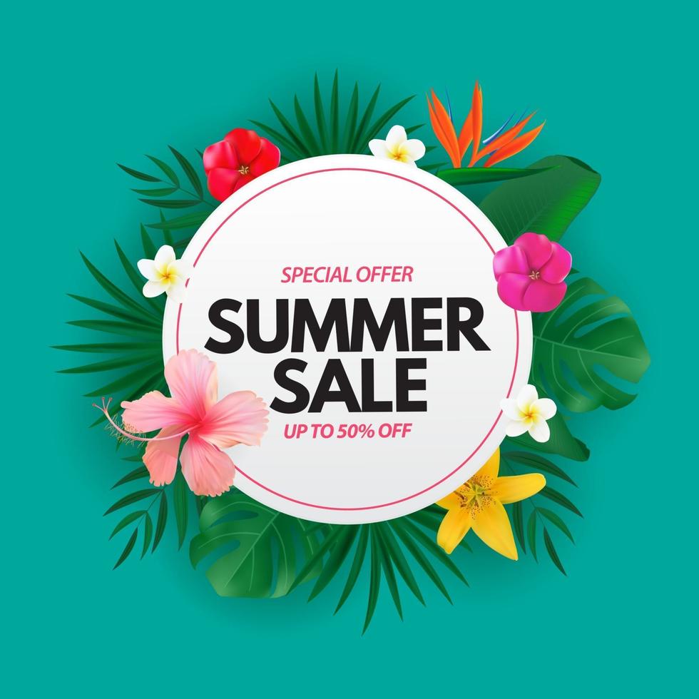 Summer sale poster Natural Background with Tropical Palm, Monstera Leaves and exotic flowers vector