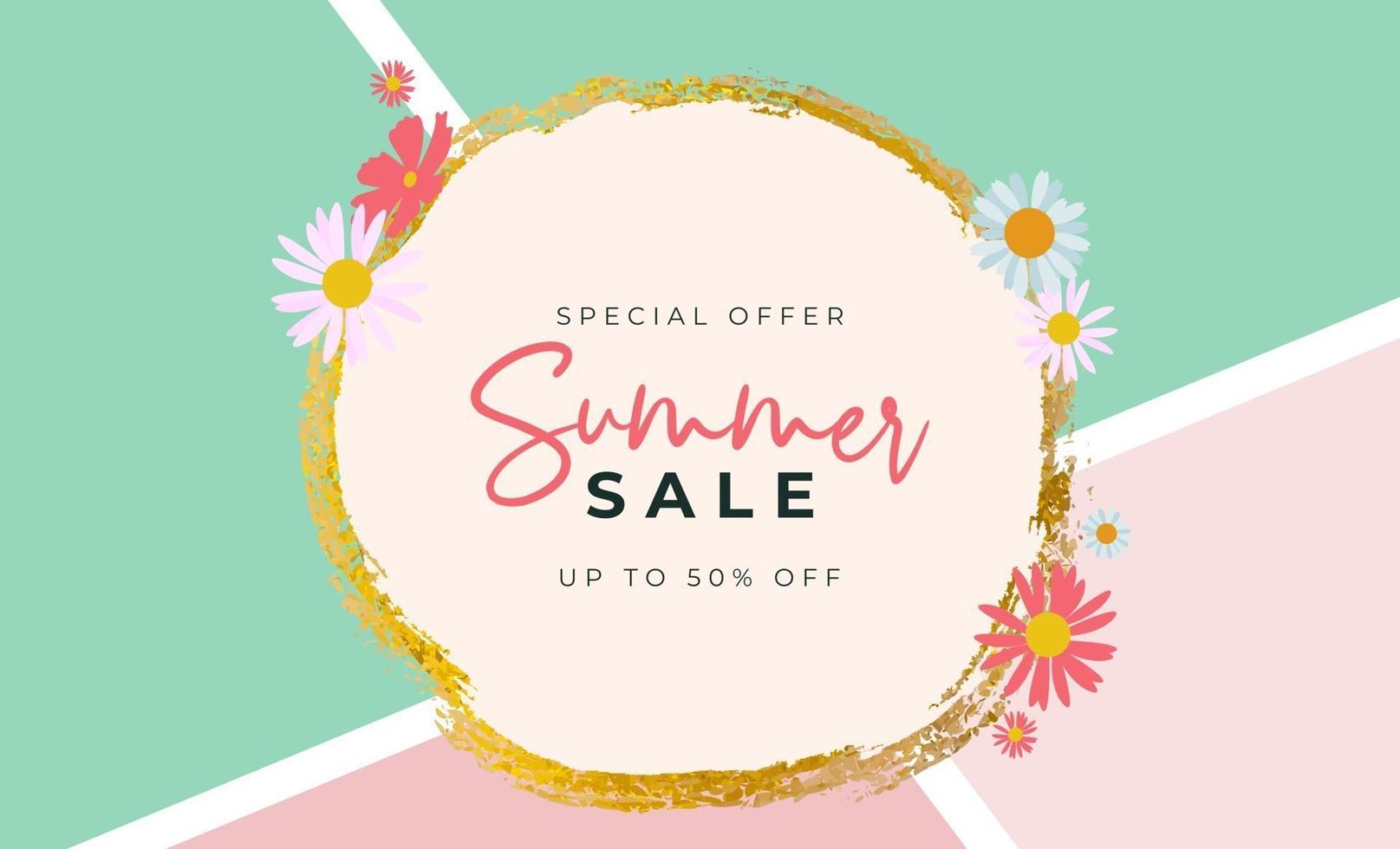 cartel de venta de verano fondo natural con marco y flores vector