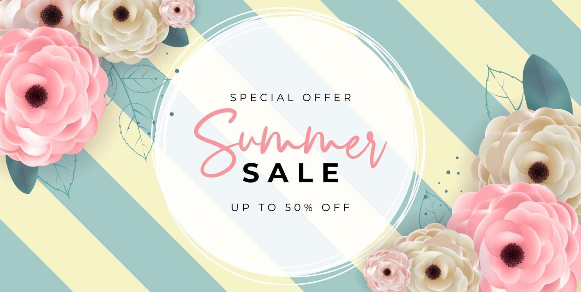 cartel de venta de verano fondo natural con marco y flores vector