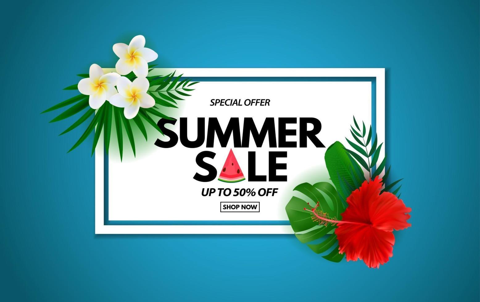 Summer sale poster. Natural Background with Tropical Palm Leaves, exotic plumeria and hibiscus flower vector