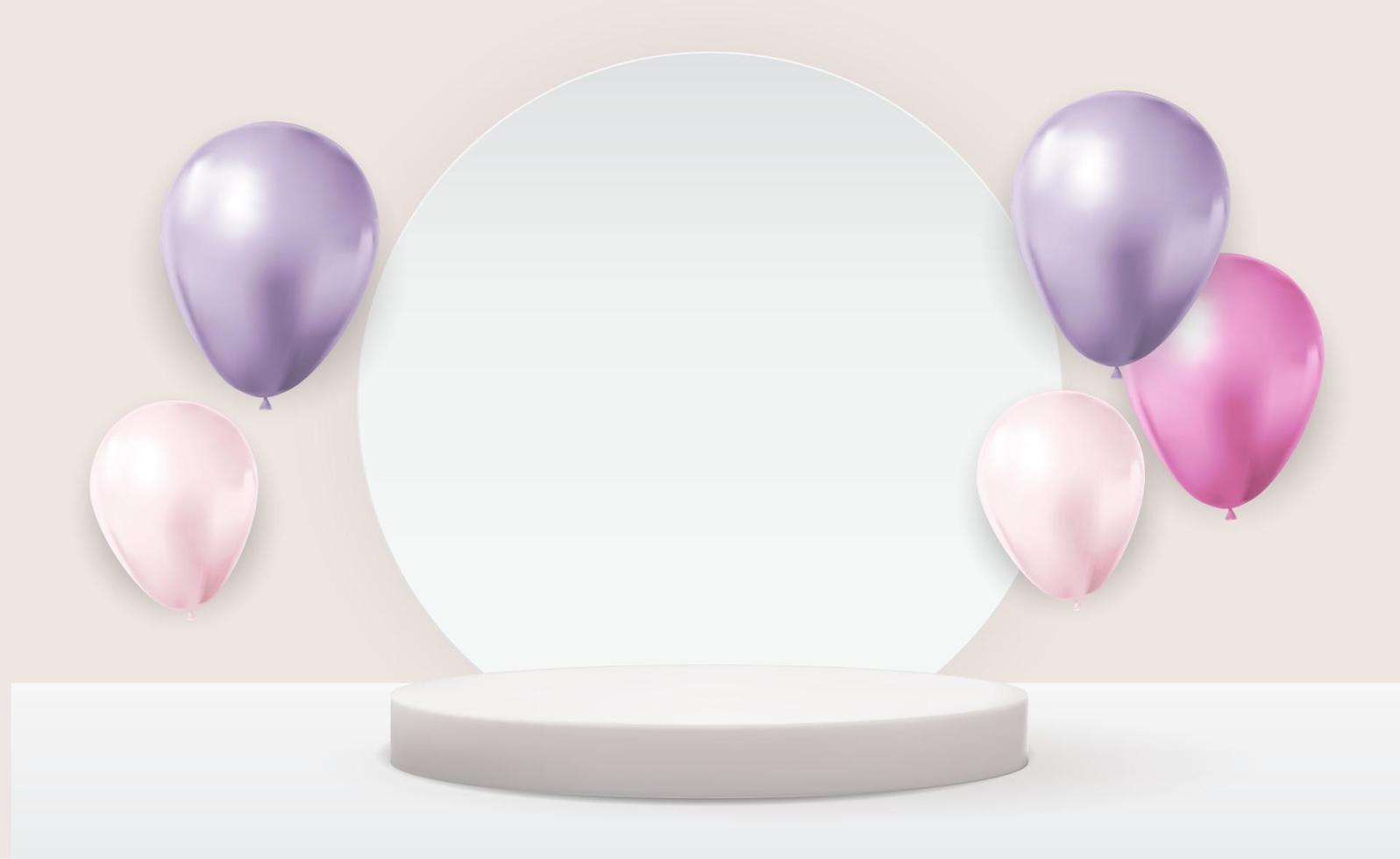 Realistic 3d white pedestal over light pastel natural background with balloons. Trendy empty podium display for cosmetic product presentation, fashion magazine. vector