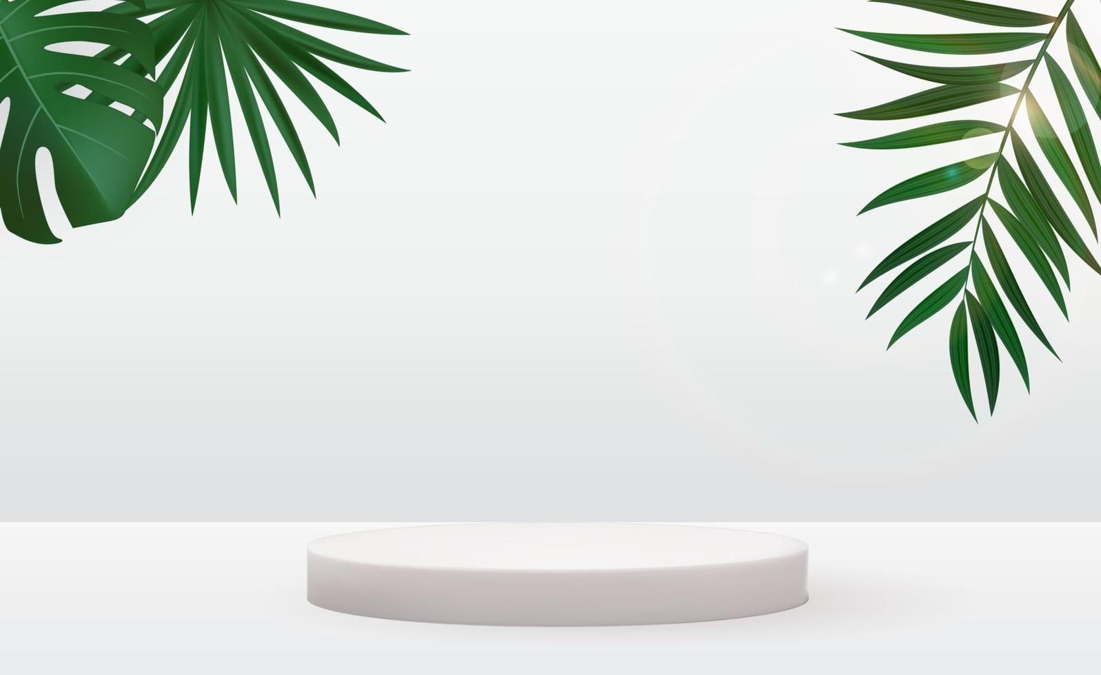 pedestal 3d realista sobre fondo soleado con hojas de palmera. moderno podio vacío para anuncios de presentación de productos cosméticos, revista de moda. vector